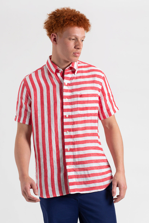 Chemises Ben Sherman B by Ben Sherman Candy Stripe Linen Short Sleeve Rose Rouge | SST-23554748